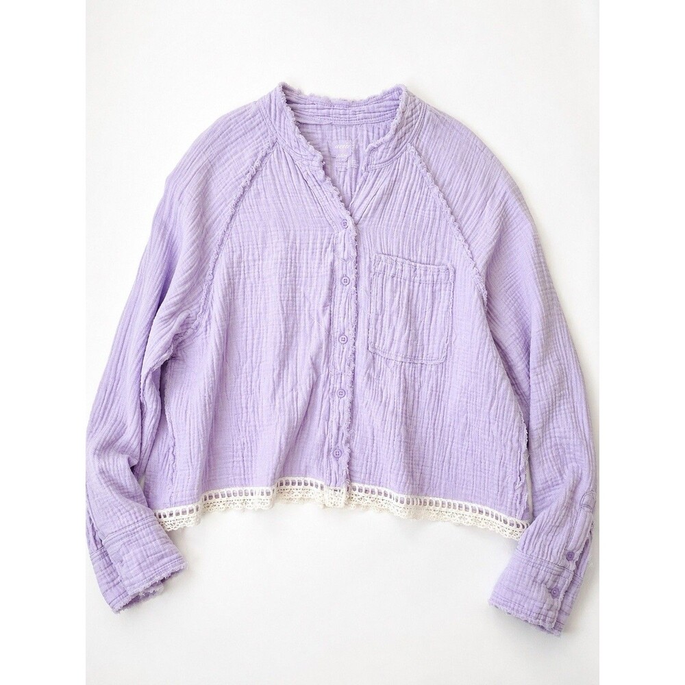 Aerie Lavender Gauze Lace Trim Button Front Boho Cottagecore Top XS